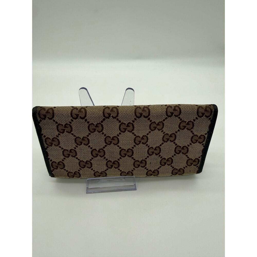 Vintage Gucci GG Canvas W Flap Continental Wallet Forest Green Leather Metal Bar - Picture 7 of 14